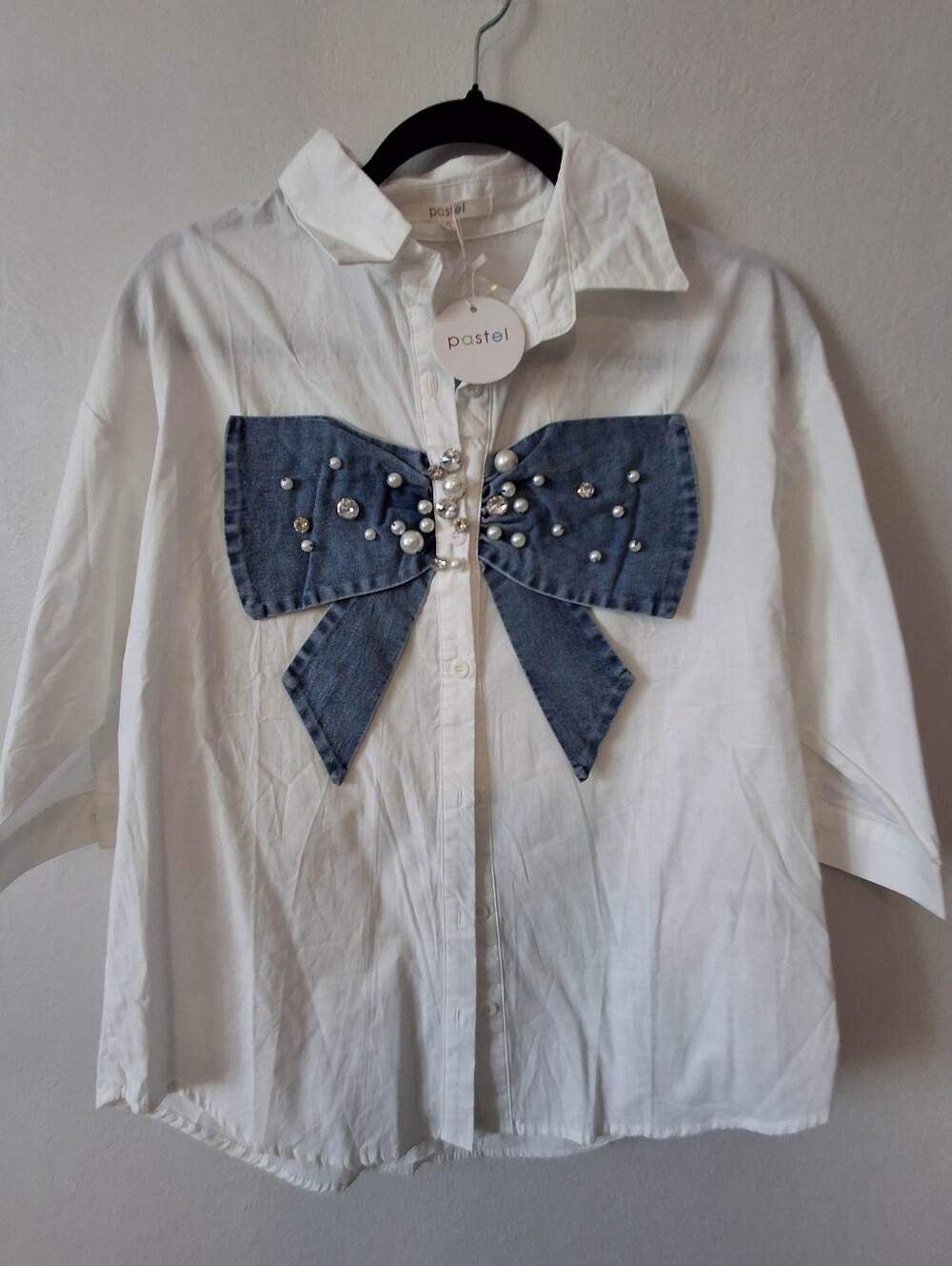 Pastels White Shirt Jacket with Denim Bow & Pearl Accent